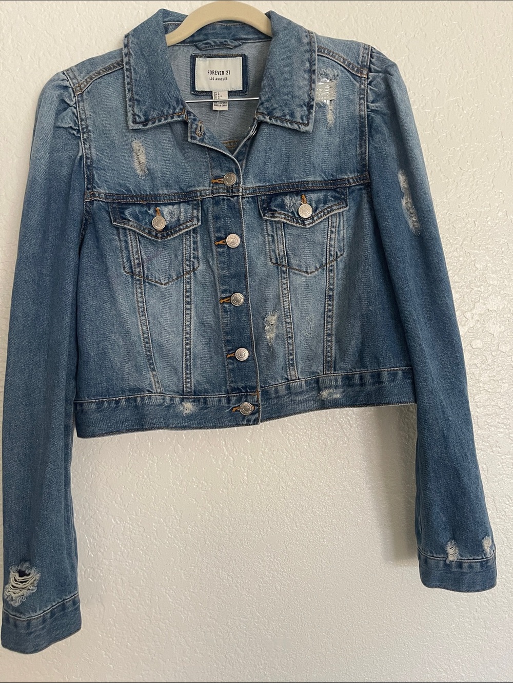 Forever 21 Light Blue Distressed Cropped Denim Jacket